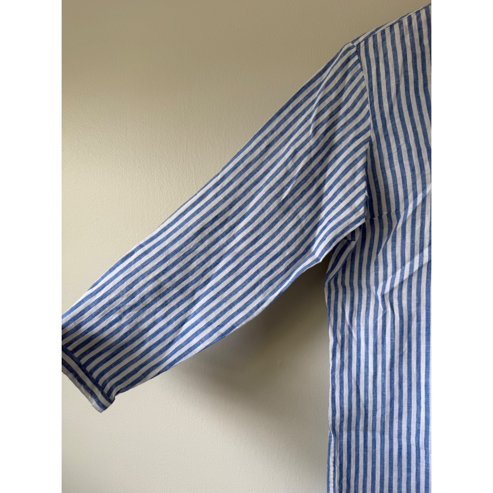 L.L. Bean Linen Tunic Blouse M Blue White Striped Split V-Neck 504808 - Picture 5 of 11